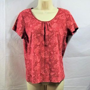 St. John's Bay Womens Top Blouse Size M Scoop Neckline Pleated Roses Red Pink